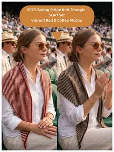 Mother's Day Gift Set, 2-Pack Striped Knit Triangle Scarves, & Coffee Earth Tone Shawls, Lightweight Soft Spring Wrap, Thoughtful Gift