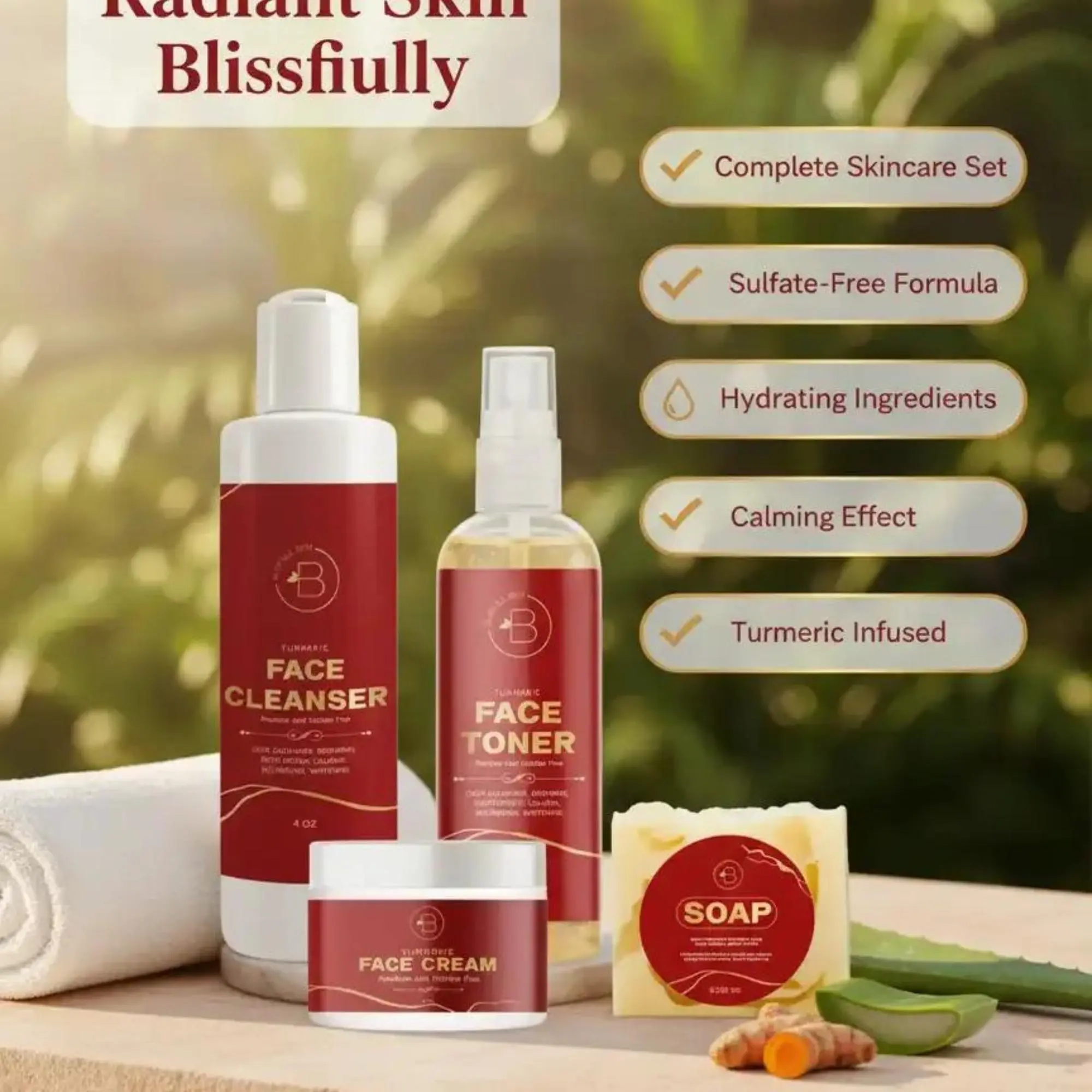 Blissful Skin Radiance Skincare Kit – Cleanser, Toner, Face Cream & Bar Soap Set