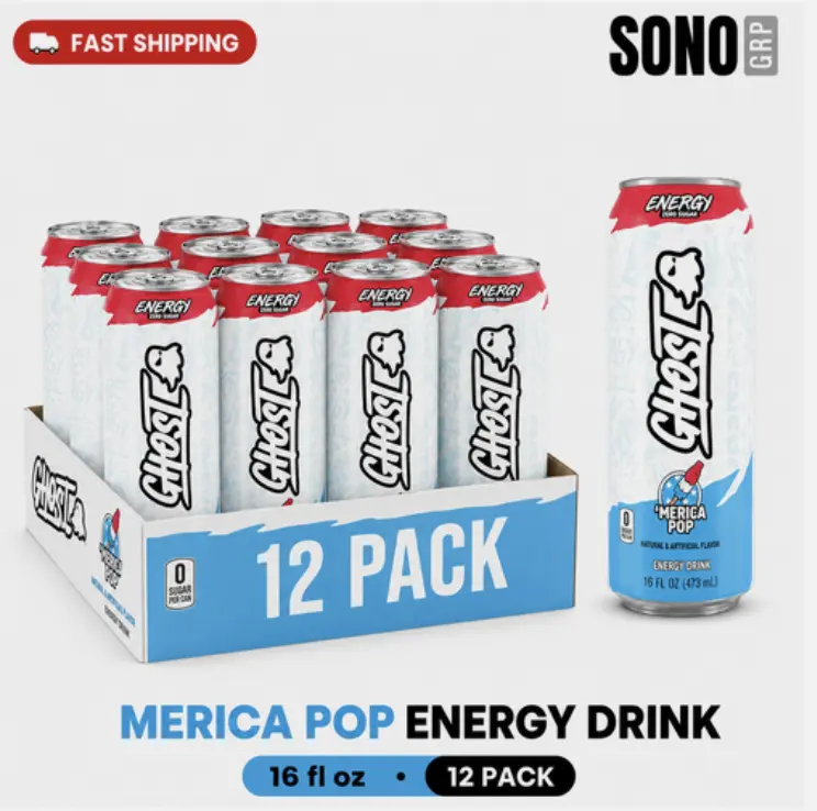 GHOST Energy Drink - 12-Pack, MERICA POP, 16oz Cans - Energy & Focus & No Artificial Colors - 200mg of Natural Caffeine, L-Carnitine & Taurine - Gluten-Free & Vegan