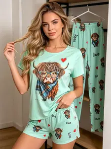 Three-Piece Women's Pajama Set, Casual Round Neck Short Sleeve Top, Shorts and Pants, Scottish Plaid Cow Print, All Seasons