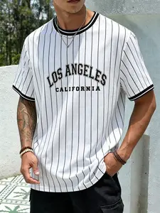 Men's 90s Y2K Vintage Ringer T-Shirt, Los Angeles California Pinstripe Baseball Graphic Tee, Striped Short Sleeve Casual Tops for Men, Summer Streetwear Cotton T Shirt for Daily Wear