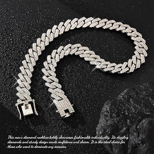 Cuban Link Chain For Men - Iced Out Diamond Necklace | Silver Plated Hip Hop Chains