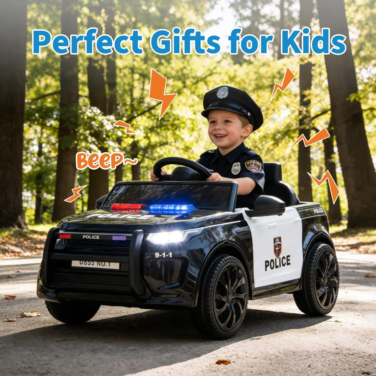 12V Kids Electric Police Ride-On Car – Remote Control, Music, Headlights, USB, wireless, Speaker – Cop Car Toy for Boys & Girls Ages 4-8
