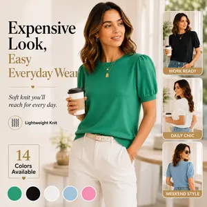 OFEEFAN Women's Puff Short Sleeve 2025 Spring Summer Sweater - Lightweight Knit Top - Business Casual Blouse, Soft & Breathable for Layering