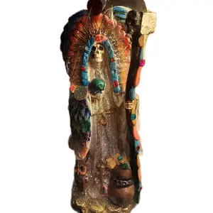 12 inch White Robe Aztec Santa Muerte Statue with Colorful Accents and Detailed Craftsmanship