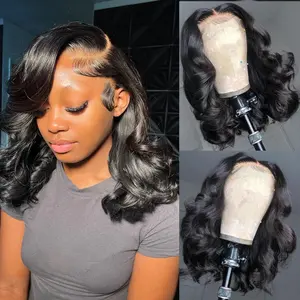gk Black Women's Glueless 13X4 Loose Wave Human Hair Lace Front Short Bob Wig, Pre-Plucked, Pre-Cut, Ready to Wear, Glueless Beginner Wig