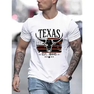 Texas Pride Bull Head T-Shirt Soft Comfortable Fabric Round Neck Short Sleeves Machine Washable Casual Summer Top for Men Streetwear Crewneck Shortsleeve Menswear Tshirt Top Man Biker Black Tropical