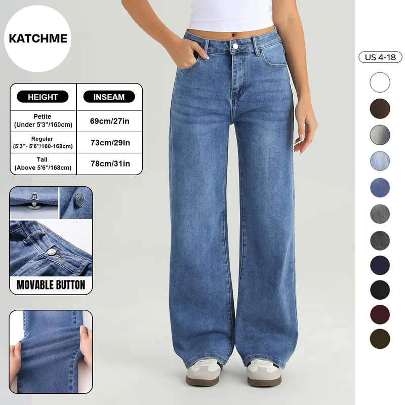 KATCH ME Women's Minimalist High Waist Denim Stretch Wide Leg Jeans, Trendy Multi-Pocket Denim Trousers for Women, Classic Women's Pants, Street Womenswear