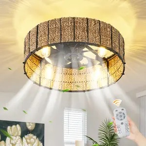 20" Boho Ceiling Fan with Light, Handwoven Rattan Caged Ceiling Fan with Light and Remote, Low Profile 6 Speeds Enclosed Flush Mount Fandelier for Bedroom Kids Room Nursery Living Room