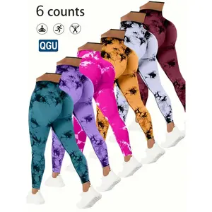 QGU 6-Pack High Waist Tummy Control Yoga Pants for Women Summer Tie Dye Fitness Leggings Stretchy Running Peach Lift Workout Tights Assorted Colors Made in America