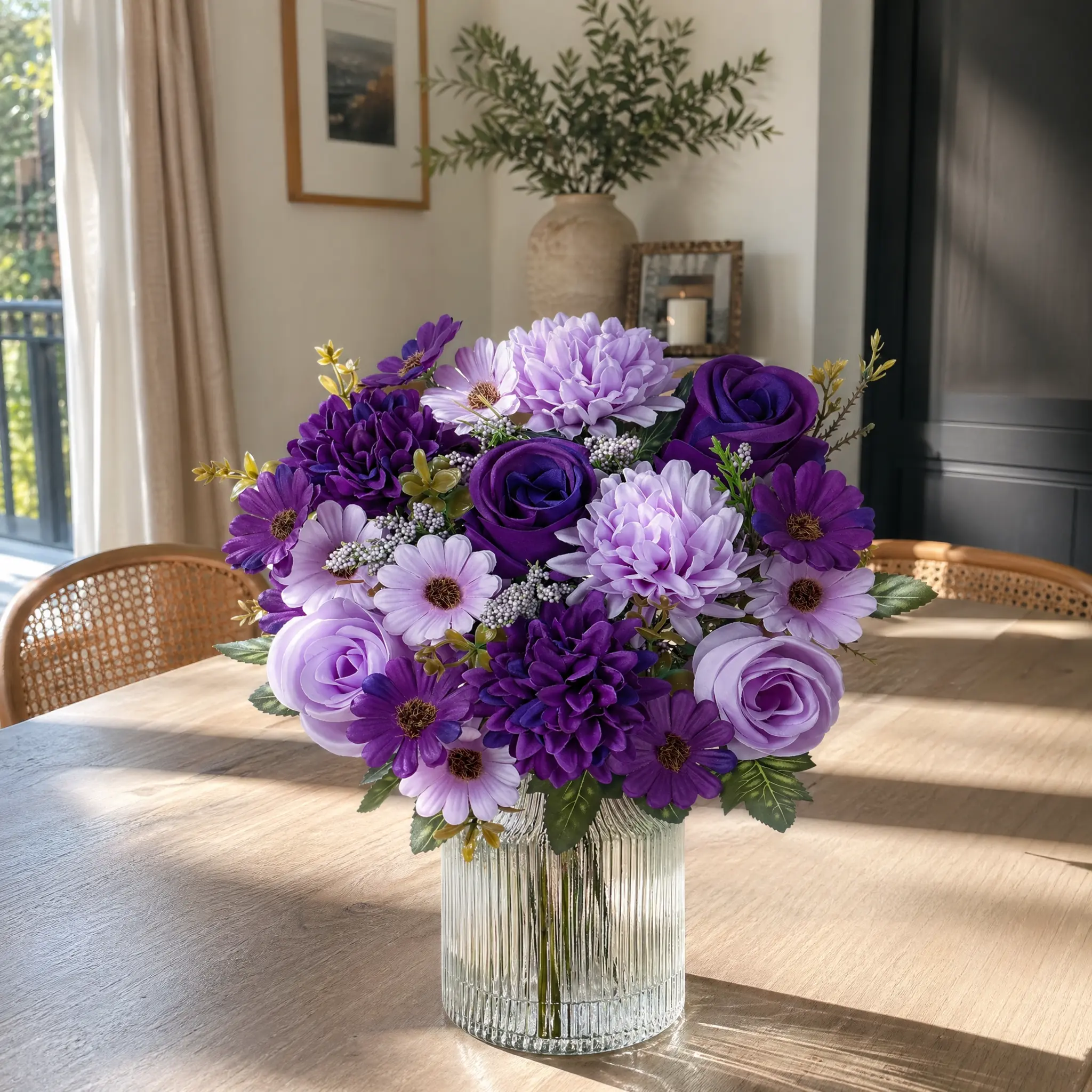 Asian Purple Artificial Flower Bouquet with Purple Roses, Daisies, Red Carnations, Lavender-Infused Decor, Eternal Preserved White Blooms - Casual Nursing Gift for New Zealand Garage, Entryway Ornaments, Decorative Artificial Flowers
