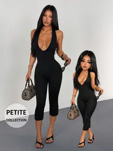 Women's European Style Halter One-Piece Pants, Deep V Neck Backless High Stretch Seven-Quarter Pants, Nightclub Party Summer Vacation Street Photography