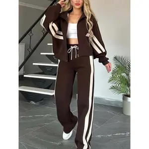 American casual sports style — contrasting striped zip-up top, jacket, suit; women’s 2025 autumn–winter new collection; two-piece set; attire; gym clothing; trendy striped warm material; quality stitching