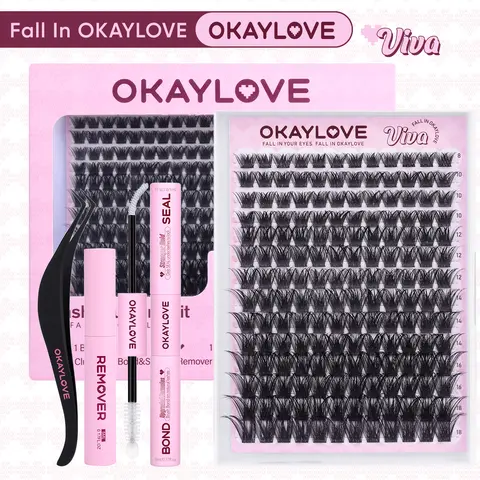 OKAYLOVE Lightweight Cosmetic Lash Cluster Kit - DIY Dramatic Eyelash Extensions with Waterproof Long-Lasting Lash Bond, Seal, Tweezers & Remover for Easy At-Home Makeup Use by Adults, Gift for Makeup Enthusiasts #backtoschool #sohochic
