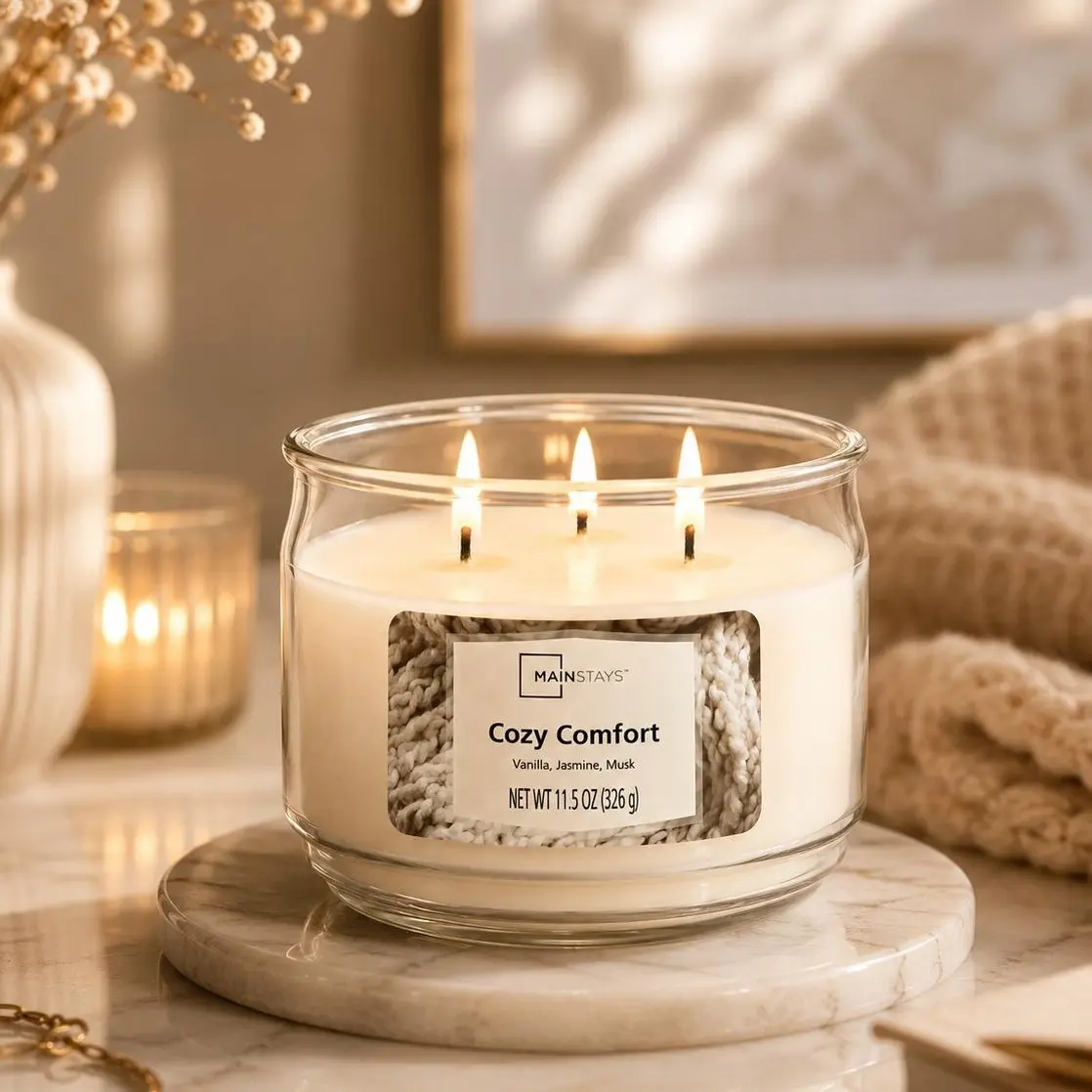 Mainstays 3-Wick Scented Candle, Cozy Comfort, Vanilla Jasmine Musk, 11.5 oz Glass Jar Candle, Long Lasting Home Fragrance