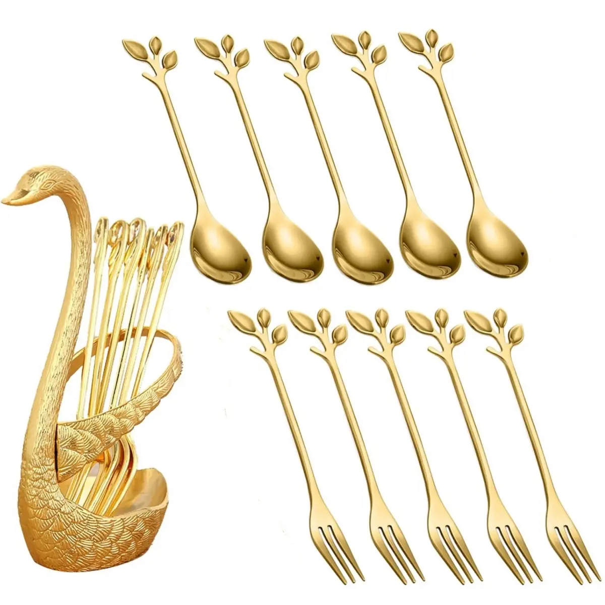 11 Pcs Gold/Silver Swan Base Holder Set,Including Luxury Stainless Steel Leaf-Handle Coffee Spoons & Fruit Forks for Table Decor & Afternoon Tea,Halloween Christmas Party Gifts,Hand Tools Kits