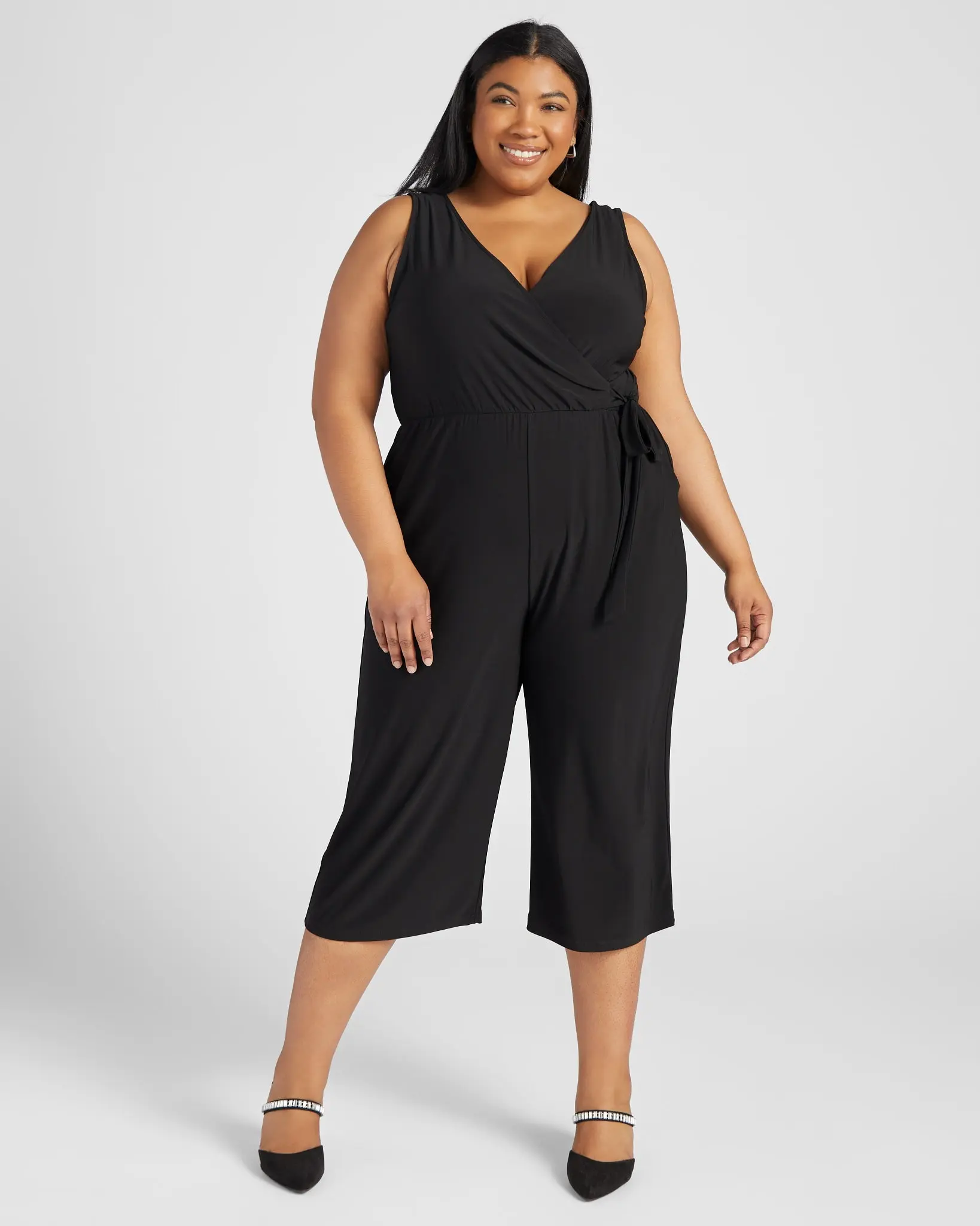Women's Plus Size Sleeveless Faux Fabric Faux Wrap Cropped Jumpsuit, Relaxed Fit, Breezy Wear, Hip Pockets, Wrap Front, Beachy Jumpsuits & Rompers, Side Tie Top