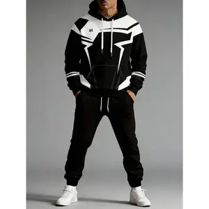 Men's Cyberpunk 2-Piece Hoodie Tracksuit - Black & White Geometric Panel Design, Streetwear Outfit regular length top