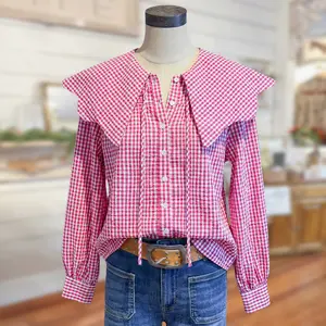 Sagevell Pink Gingham Long Sleeve Blouse for Women Vintage Cottagecore Button Down Top with Oversized Peter Pan Collar Lightweight Puff Sleeve Shirt for Casual Spring Outfits, Brunch, and Everyday Wear