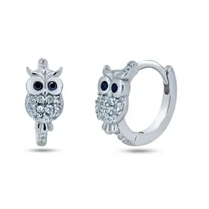 925 Sterling Silver Pave  Huggie Owl Hoop Earrings