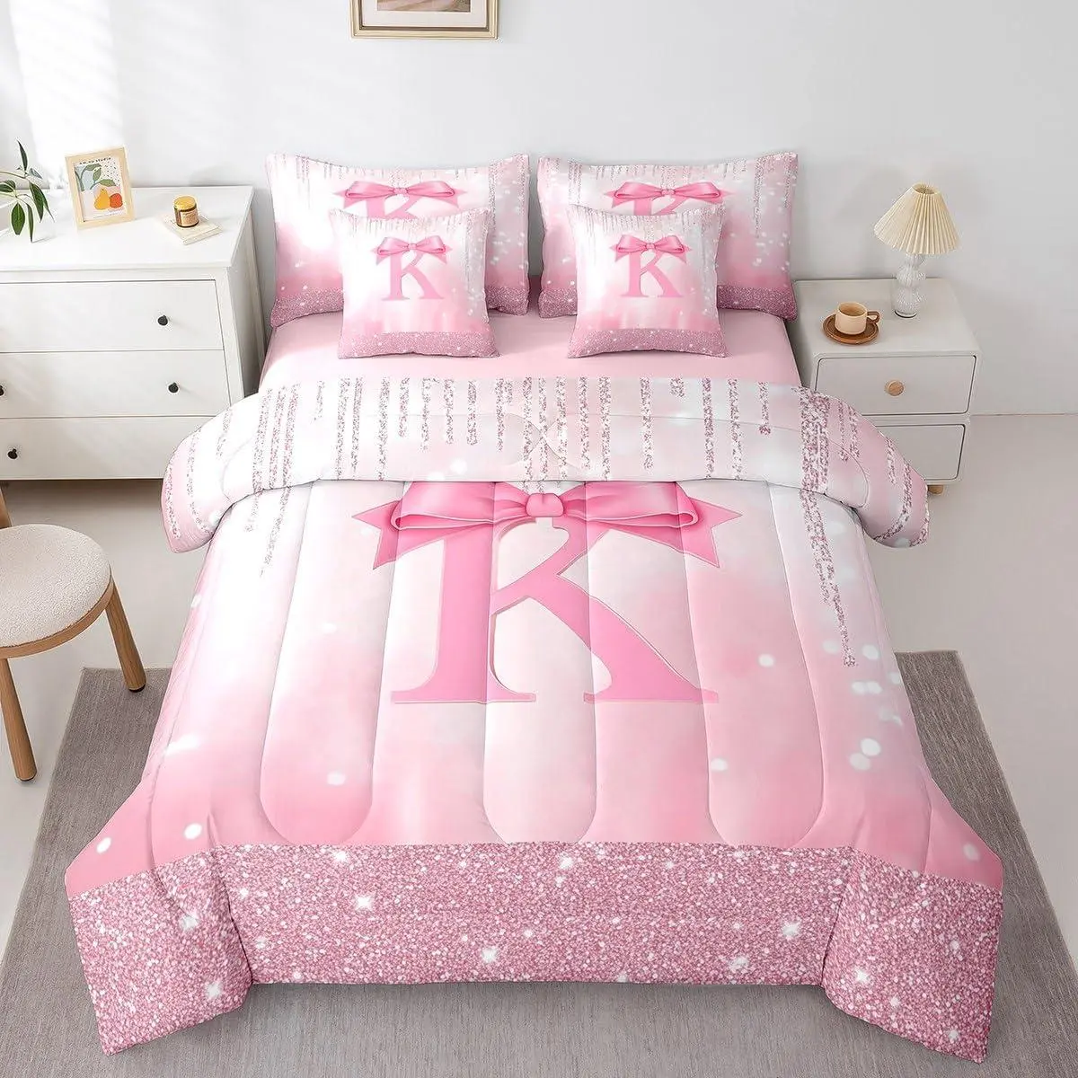 Kids Pink Bowknot 7 Pieces Bedding Set ,Personalized Initial K Bed in A Bag Princess Glitter Comforter Set with Sheets Boys Girls Bow Alphabet Teens Bed Set Bedroom Decor 7Pcs