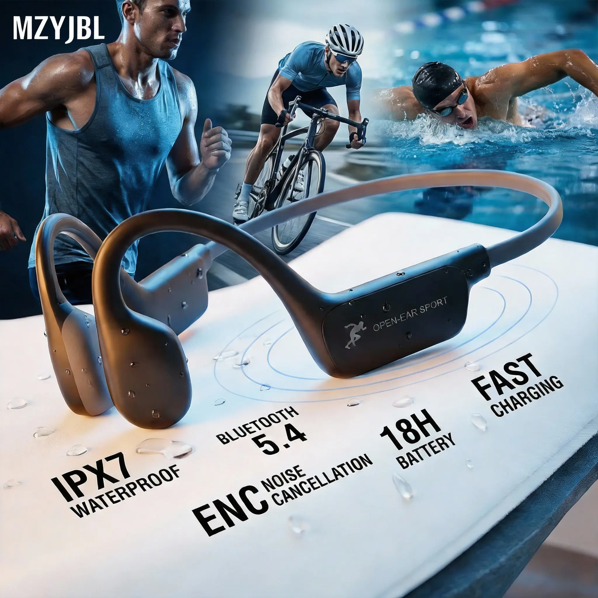 MZYJBL Open-Ear Bluetooth Headphones, Wireless Bone Conduction Headset with Built-in Batteries, IPX7 Waterproof for Swimming & Running, Memory Titanium Alloy Frame, 15H Playtime