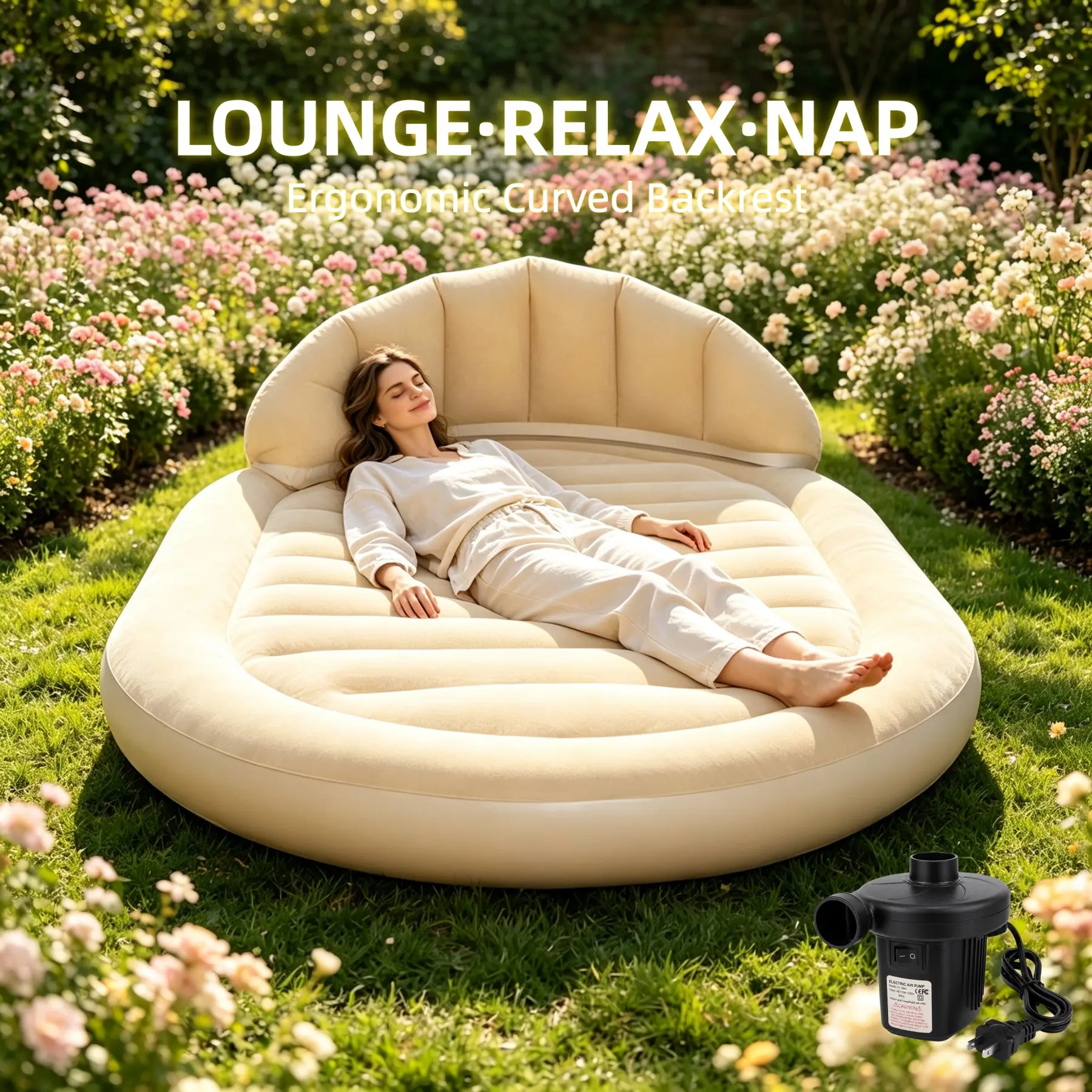 2-in-1 inflatable air sofa bed with backrest, portable beige air mattress for garden, balcony, beach and camping, strong support for puncture-resistant inflatable travel bed, suitable for sunny outdoor leisure bed (with charging pump)