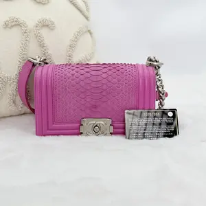 Pre-owned CHANEL Boy Flap Bag Python Small in Vibrant Pink with Silver Hardware and Chain Strap WWL