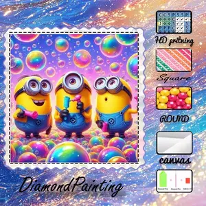 5D-DIY, Premium Velvet Canvas, Diamond Art, Diamond Painting Kit, Minions, Bubbles, Cartoon AB Diamonds, Fairy Dust Diamonds, Crystal Diamonds, Round, Square, Perfect Home Decor, Handmade Diamond Art Painting Kit, Special Craft Diamond Art Kit