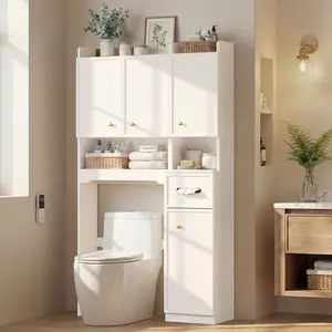 7-Tier Over Toilet Storage Cabinet with Doors, 2-in-1, Separatable Tall Narrow Cabinet, Bathroom Storage Cabinet, Adjustable Shelf, Big/Small Room, Laundry Room, Tissue Holder, Anti-Tip, White LED Lighted Charging Dresser Modern Metal Sliding Rail
