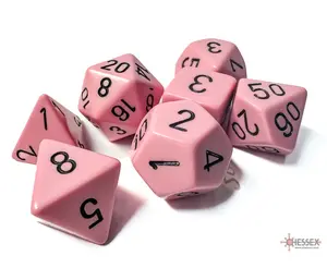Opaque (Pastel Pink/Black) Chessex Brand D&D/RPG Polyhedral Acrylic Monochrome Dice Set - 7 Dice with Clear Storage Case