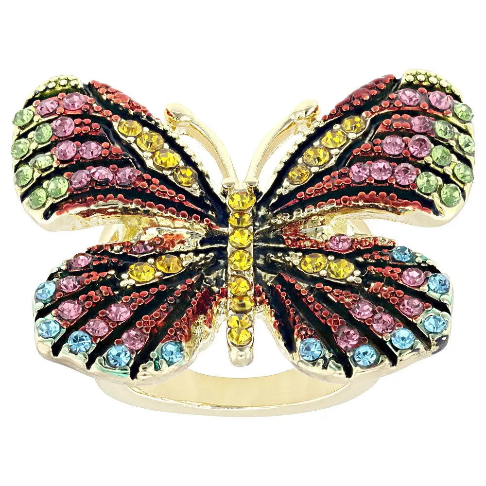 JTV Multicolor Crystal Gold Tone Butterfly Statement Ring