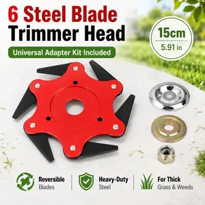 6 Steel Blade Trimmer Head with Universal Adapter Kit, Heavy Duty Metal Brush Cutter Replacement, Reversible Weed Eater Blades for Full Coverage Cutting, Thick Grass, Lawn Edging, Weed Clearing & Garden Yard Maintenance