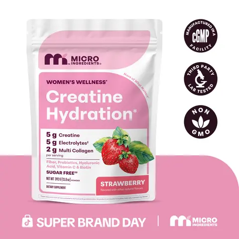 Micro Ingredients Creatine Hydration for Women (Strawberry Flavor) - 5g Creatine + 5g Electrolytes + 2g Collagen, with Fiber, Probiotics, HA, Vitamin C and Biotin - No Gluten, No GMO | 30 Servings
