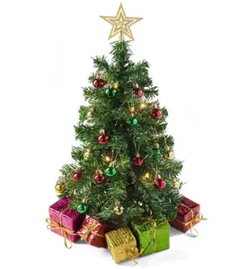 Cozy Up Your Space with 23" Mini Christmas Tree Set - Warm-White LED Lights, Star Topper, Gift Boxes & Ornaments - Perfect Desk/Table Decor - Green