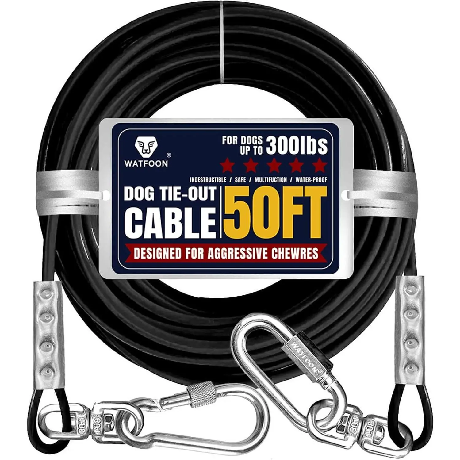 Tie Out Cable for Dogs Up to 300lbs,50ft Extra Strong 1000lbs Break Strength Tie-Out Tether Trolley Training Lead,Dog Run Cable for Yard Garden Park Camping Outside (Black, 300lbs 50ft)