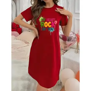 Soft Micro Stretch Women's Lingerie My heart rock by you Printed Short Sleeve Round Neck Nightgown Sexy Elegant Young Style Women's Valentine's Day Dress Mother's Day Christmas Thanksgiving New Year Gift Ideas