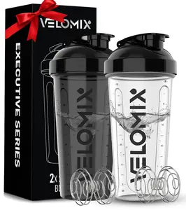 2 Pack- 28 oz Protein Shaker Bottles for Protein Mixes - 2x Wire Whisk | Leak Proof Shaker Cups for Protein Shakes | Protein Shaker Bottle Pack (Black/Transparent)