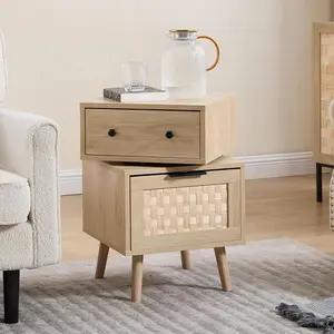 【Set Of 2】EBELLO Rattan Nightstand, Swivel Bedside Table with Woven Doors, 23" Tall Bohemian Side Table with Storage for Bedroom, Living Room, Oak