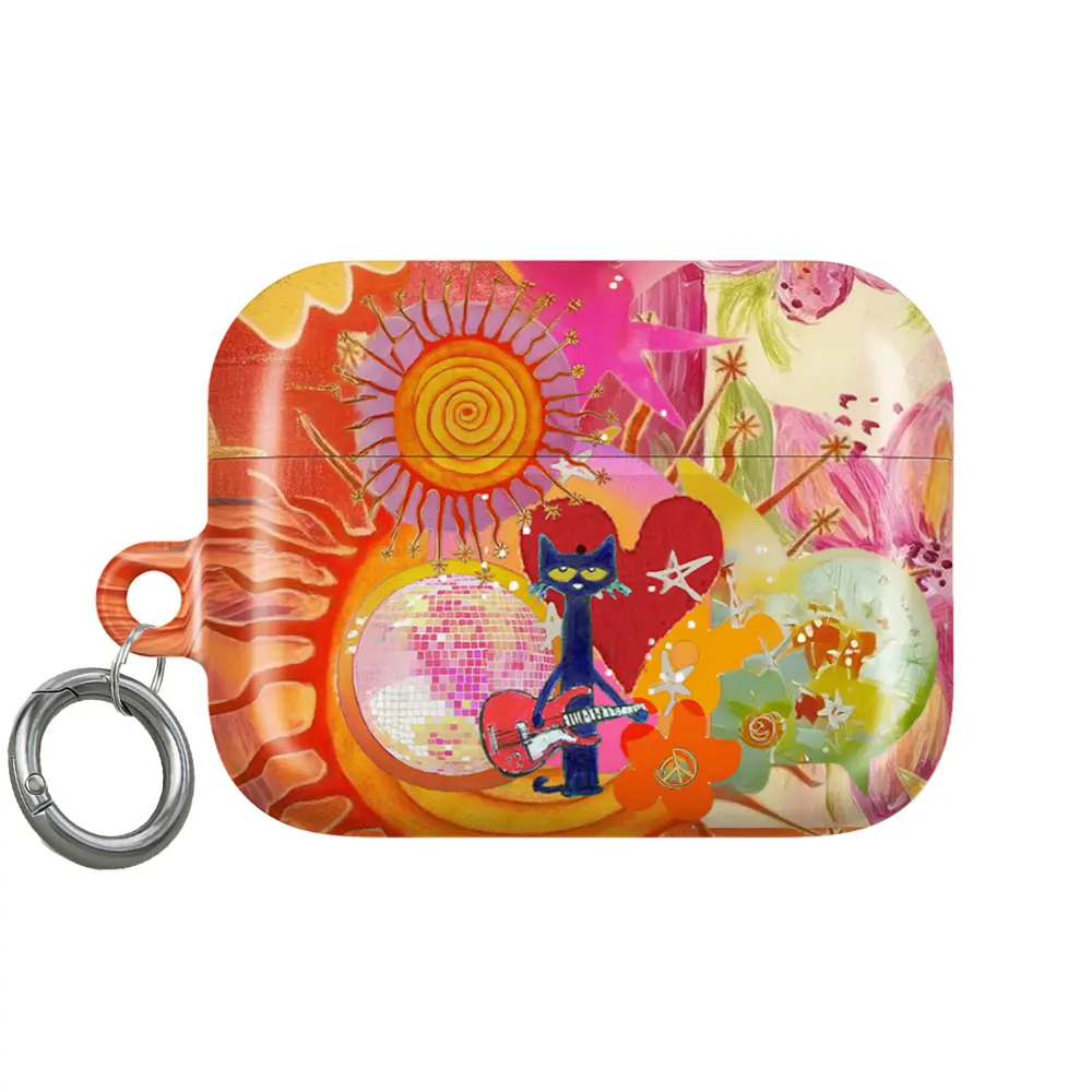 Colorful Psychedelic Art Phone Case with Guitar Cat & Retro Flower Design, Petee the Cat Airpods Case, gift for him for her, cartoon case