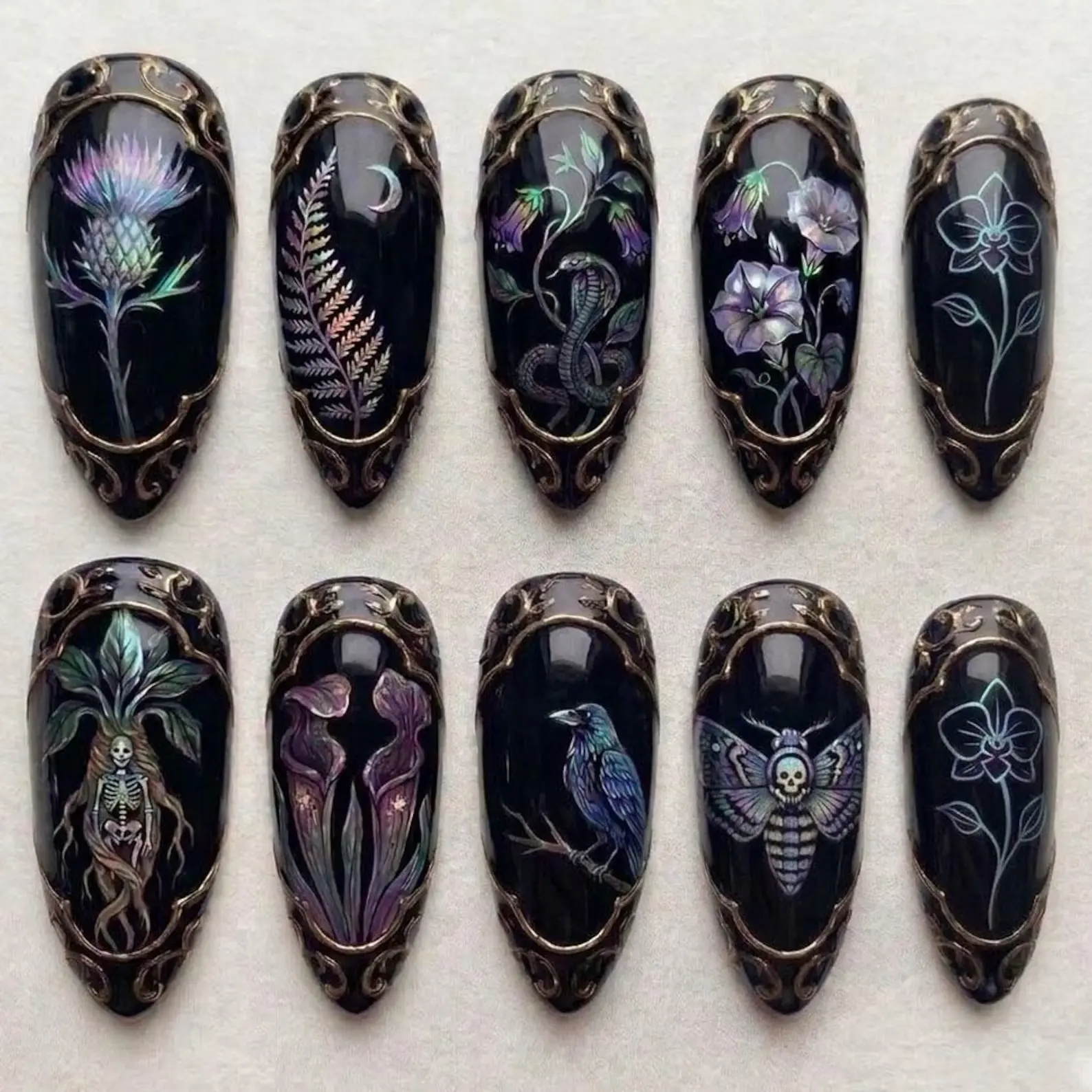 Handmade Mystical Press On Nails | Dark Purple Nail Art | 3D Golden Sun, Black Roses & Crystal Accents