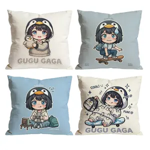 4Pcs Kawaii GUGUGAGA Pillow Covers | Chibi Penguin Girl Hugging & Fun Design for Bedroom Chair Car 0328YD
