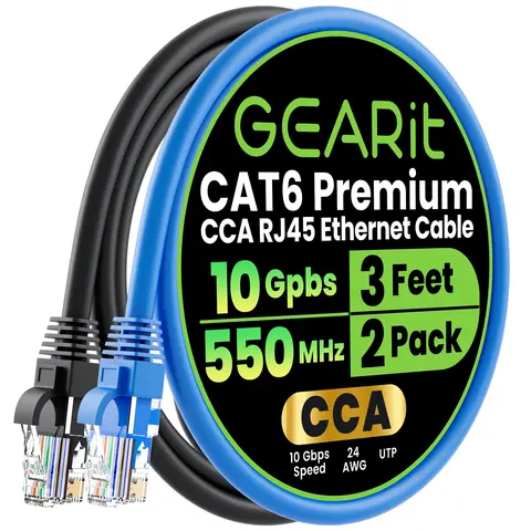 GearIt Cat6 Ethernet Cable (2-Pack) - 20ft 24AWG UTP 4Pair Solid Core CCA Copper Unshielded Network Cord, 550MHz Bandwidth, 1000BASE-T High Speed for Gamers, Gaming PC Accessories, Indoor Use, Black & Blue