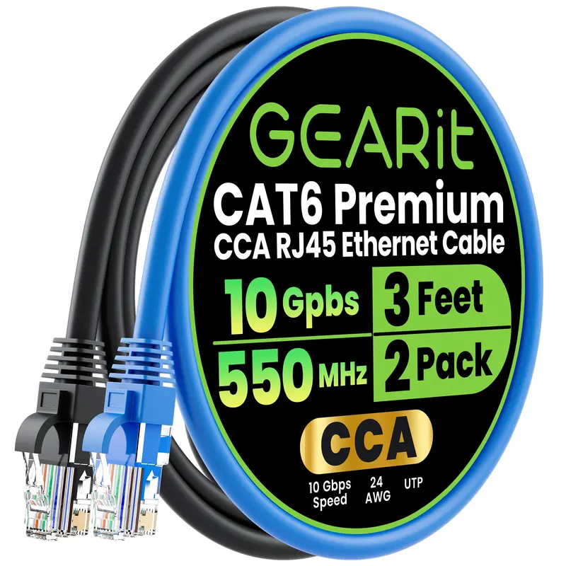 GearIt Cat6 Ethernet Cable (2-Pack) - 20ft 24AWG UTP 4Pair Solid Core CCA Copper Unshielded Network Cord, 550MHz Bandwidth, 1000BASE-T High Speed for Gamers, Gaming PC Accessories, Indoor Use, Black & Blue