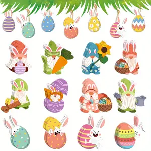 8pcs Set Easter Wooden Bunny Rabbit Hanging Decorations, Easter Basket, Farmhouse Style Easter Tree Ornaments, Party Decoration Supplies for Home