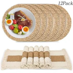 12 Pack Handmade Boho Placemats - Natural Cotton Burlap & Water Straw Woven, Macrame Farmhouse Style Table Mats for Dining Table & Kitchen, Decorative & Durable