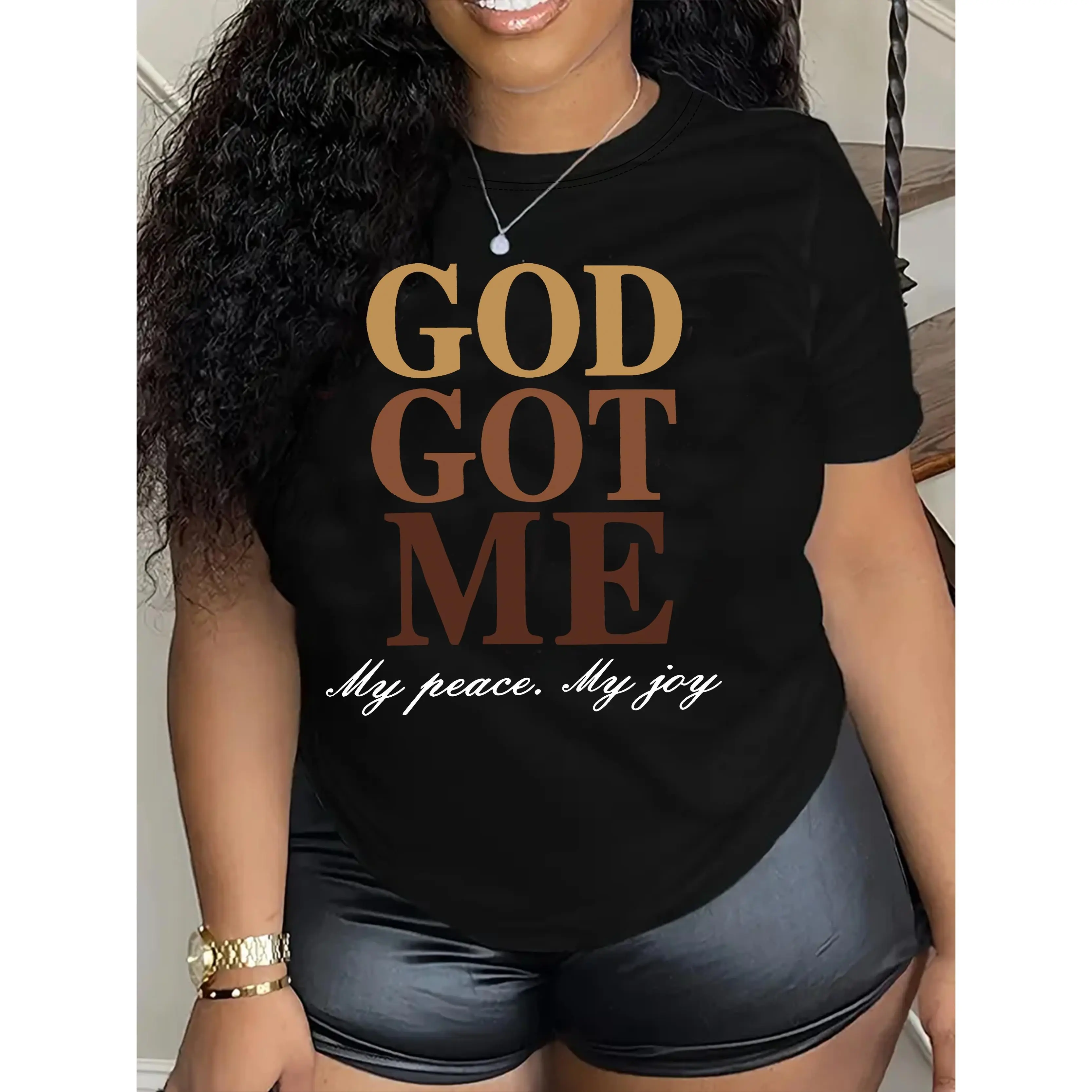 Women's "God Got Me" Inspirational T-Shirt - Black Polyester, Short Sleeve Crew Neck, Casual Summer & Spring Top Printed Womenswear