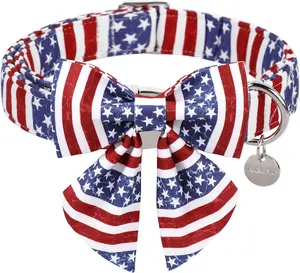 Patriotic Dog Collar with Bow Tie, 4Th of July Bowtie Dog Collar, American Flag Collar for Medium Boy Girl Dog, Comfortable Summer Bowtie Collar with Metal Buckle, M UP URARA PUP