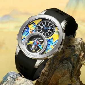 HANBORO Thousand Miles Series Round Oil Painting Dial Magpie Skeleton Balance Wheel Design Men's Automatic Mechanical Watch