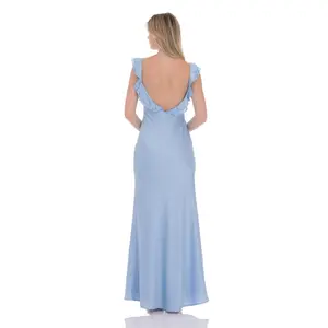Satin Ruffle Open Maxi Dress in Light Blue